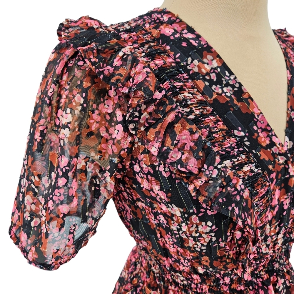 Hale Bob Jade Fit Flare Tiered Midi Dress Floral Ruffle Short Sleeve V Neck XS - Picture 5 of 11